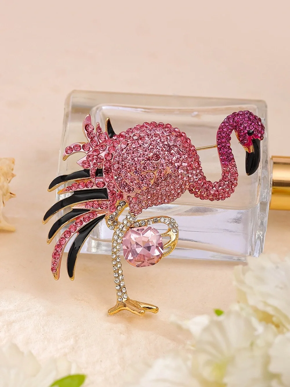 Pink Flamingo Brooch Pin – Rhinestone Crystal Tropical Bird Statement Jewelryy